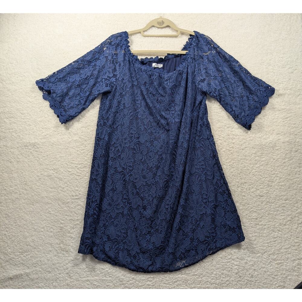OURS Womens XL Navy Blue Floral Lace‎ Off Shoulder Bell Sleeve Shift Dress Lined